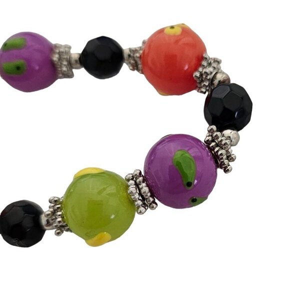 Colorful Beaded Stretch Bracelet With Black Green Purple & Orange Beads - Picture 2 of 6